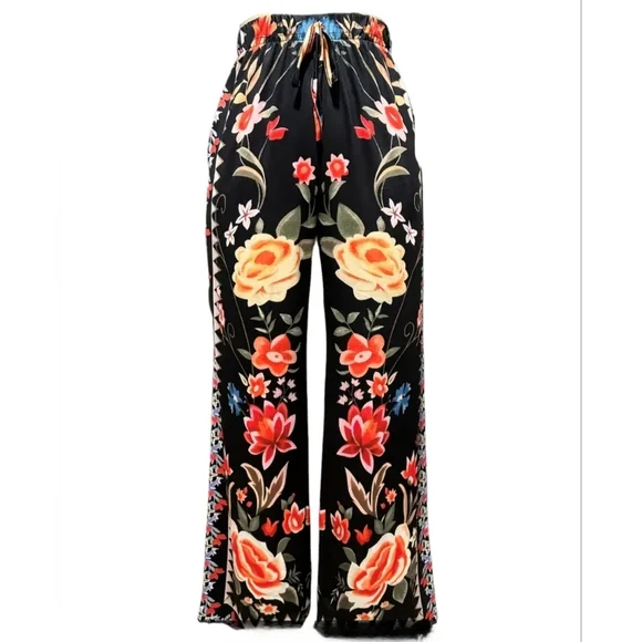 NWOT Palazzo Wide Leg Retro Colorful Floral Drawstring Pants - Picture 3 of 11